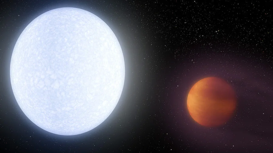 Astronomers have detected iron and titanium vapor in the atmosphere of the ultra-hot exoplanet KELT-9b (right)