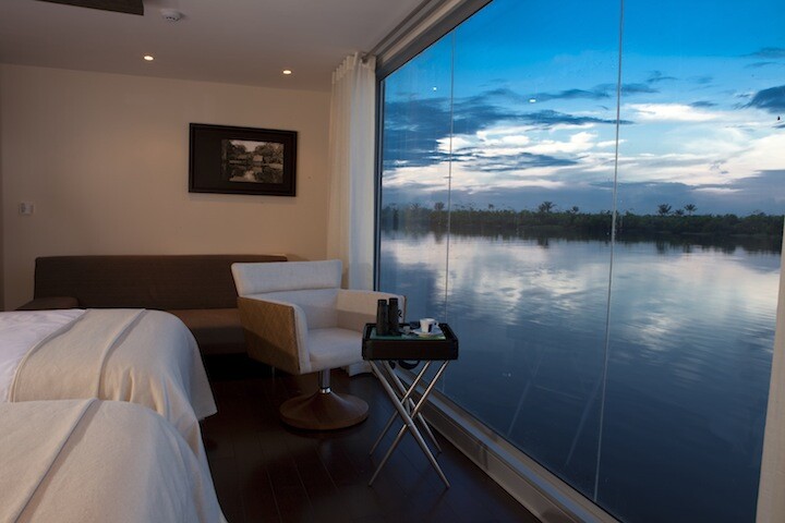 The ship’s accommodation quarters consists of 16 spacious suites, each featuring an en suite, lounge area and large panoramic river views
