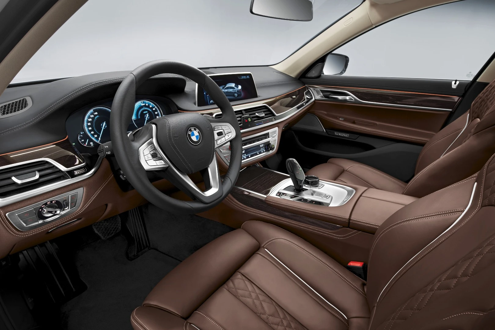 The interior of the 740e iPerformance looks much like any other BMW with a few slight differences in deference to the advanced drivetrain