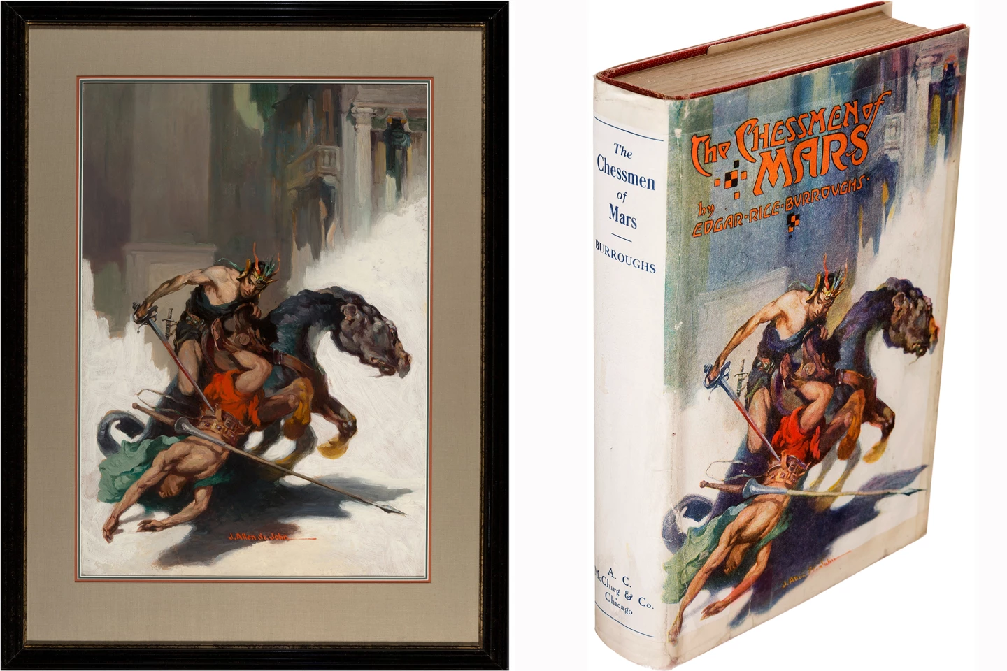 This illustration by James Allen St. John was created for the book dust jacket of “The Chessmen of Mars” (1922). The painting is oil on board and measures 88.3 x 62.2 cm. It sold for $150,000 at Heritage Auctions on 4 October 2021