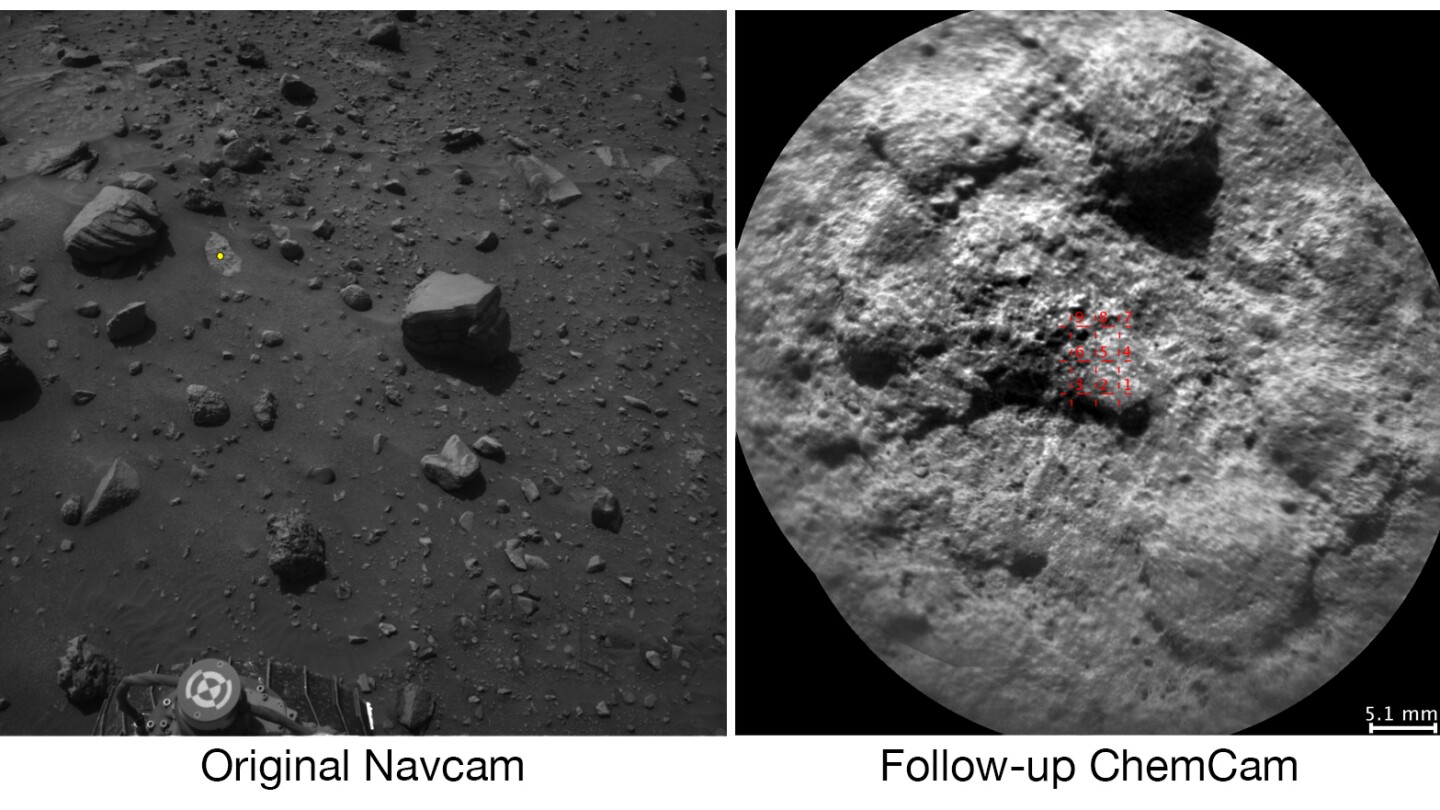 The image on the left shows a spot Curiosity saw with its Navcam and shows the spot it chose to shoot with its laser in yellow, while the image on the right provides a close-up of that area