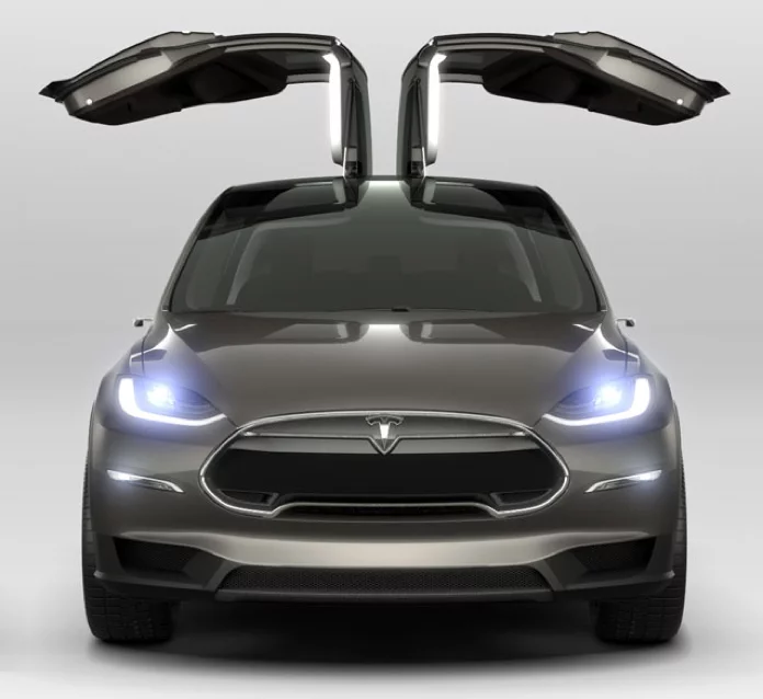 The Tesla Model X features "falcon-wing" doors