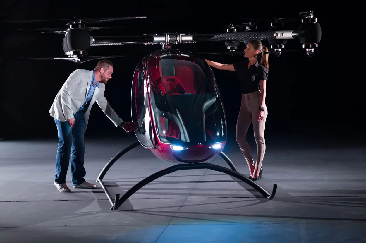 The Passenger Drone is built from carbon fiber composites and features a total of 16 rotors