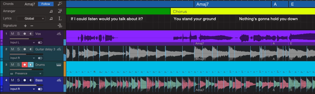 The chord track does an impressive job of building chord notation straight out of an audio track, and the lyrics track lets you keep the words handy, both as you write, and as you go to record and mix