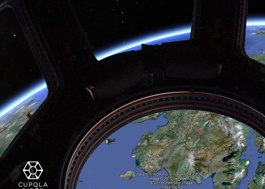 A simulation of looking down on the Earth from the ISS' current location