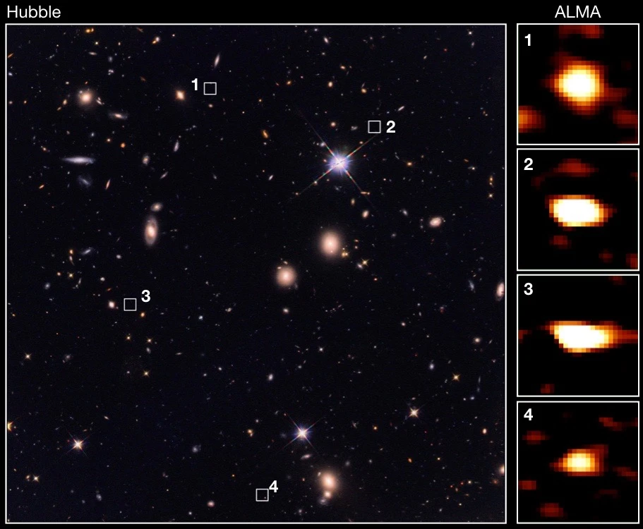 The infrared light given off by these newly-discovered galaxies is invisible to Hubble (left) but visible to ALMA (right)