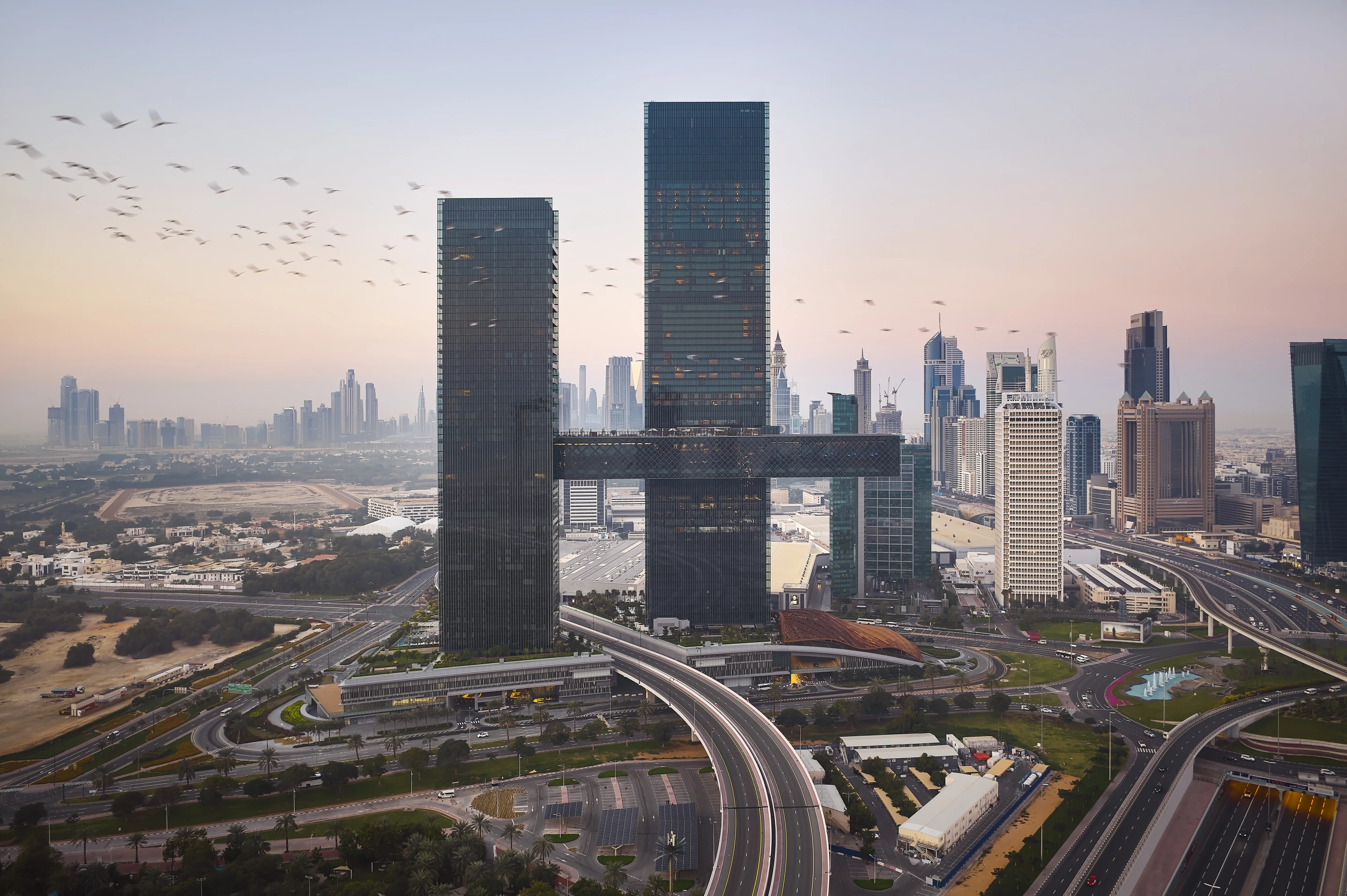One Za'abeel, by Nikken Sekkei, is located in Dubai, United Arab Emirates, and consists of two skyscrapers joined by a horizontal structure named the Link