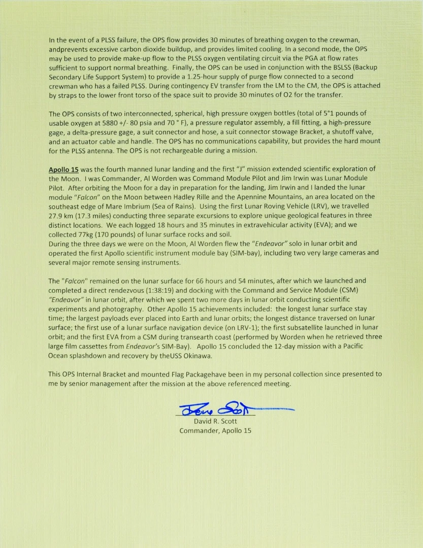 Letter of authenticity for Apollo 15 life support component p2