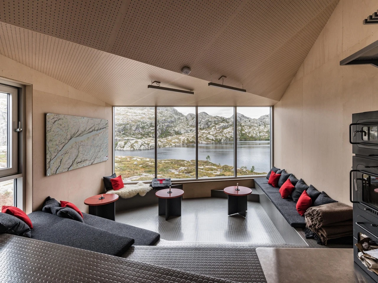 The interiors are clad in unfinished wood