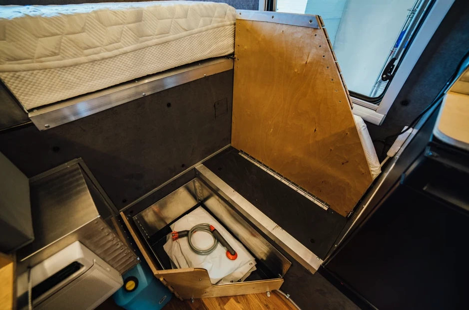 The available folding shower provides an efficient way of cleaning up after a muddy bike ride or sandy trip to the beach