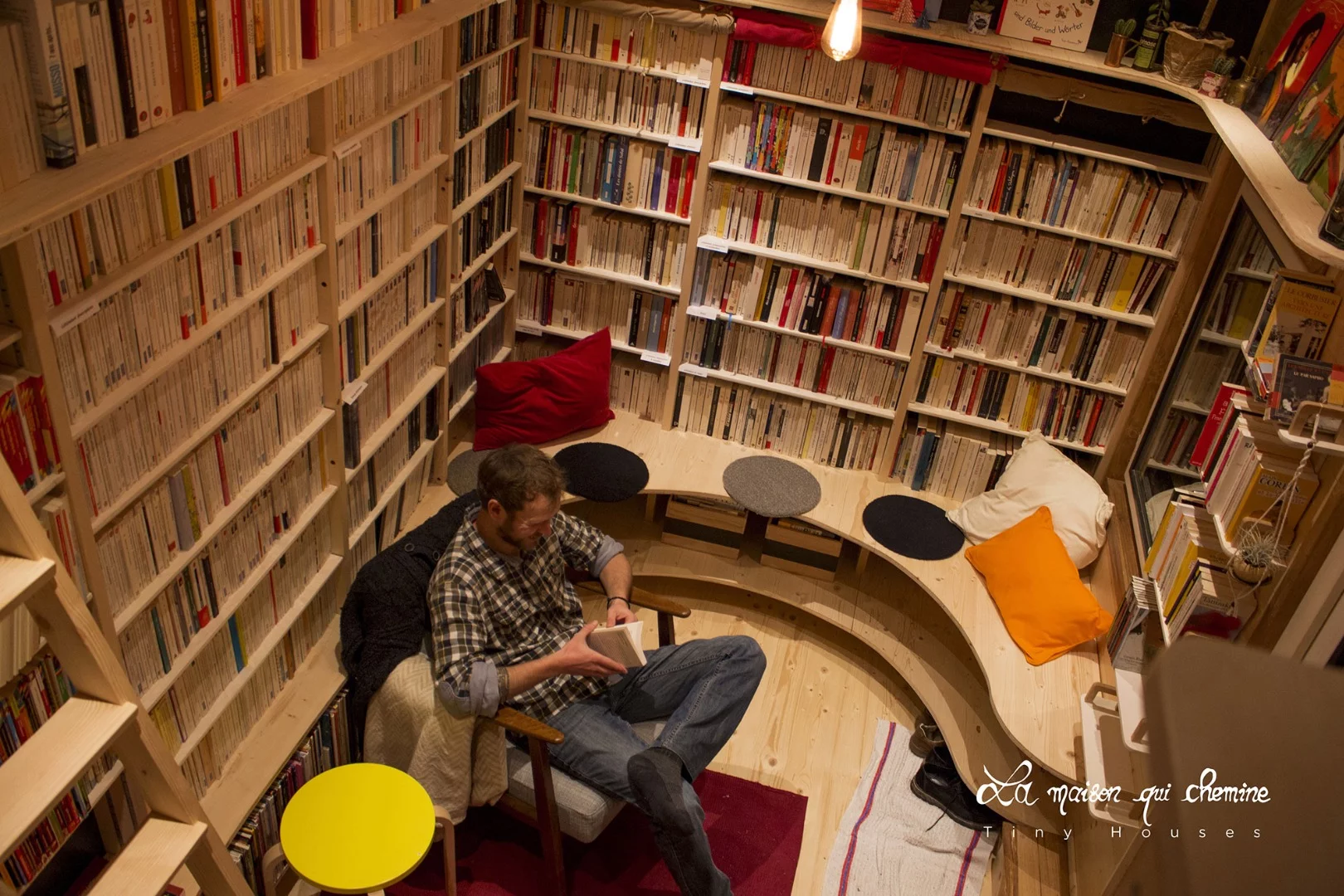The tiny bookstore's reading area