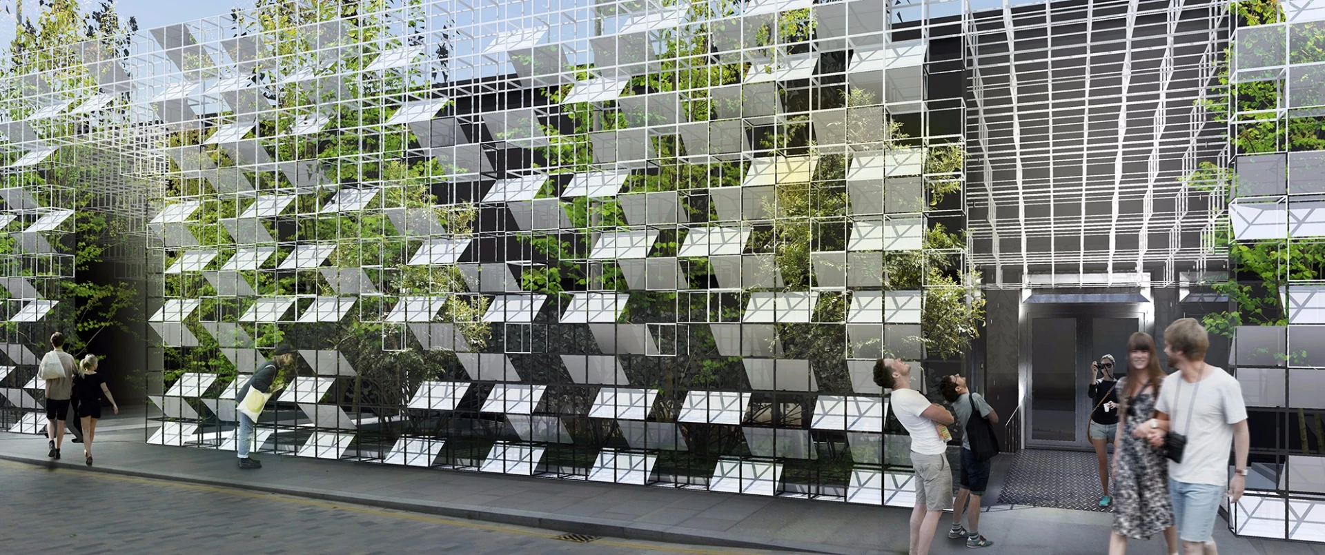 Square Modular Faacde Modular façade wraps around building and trees