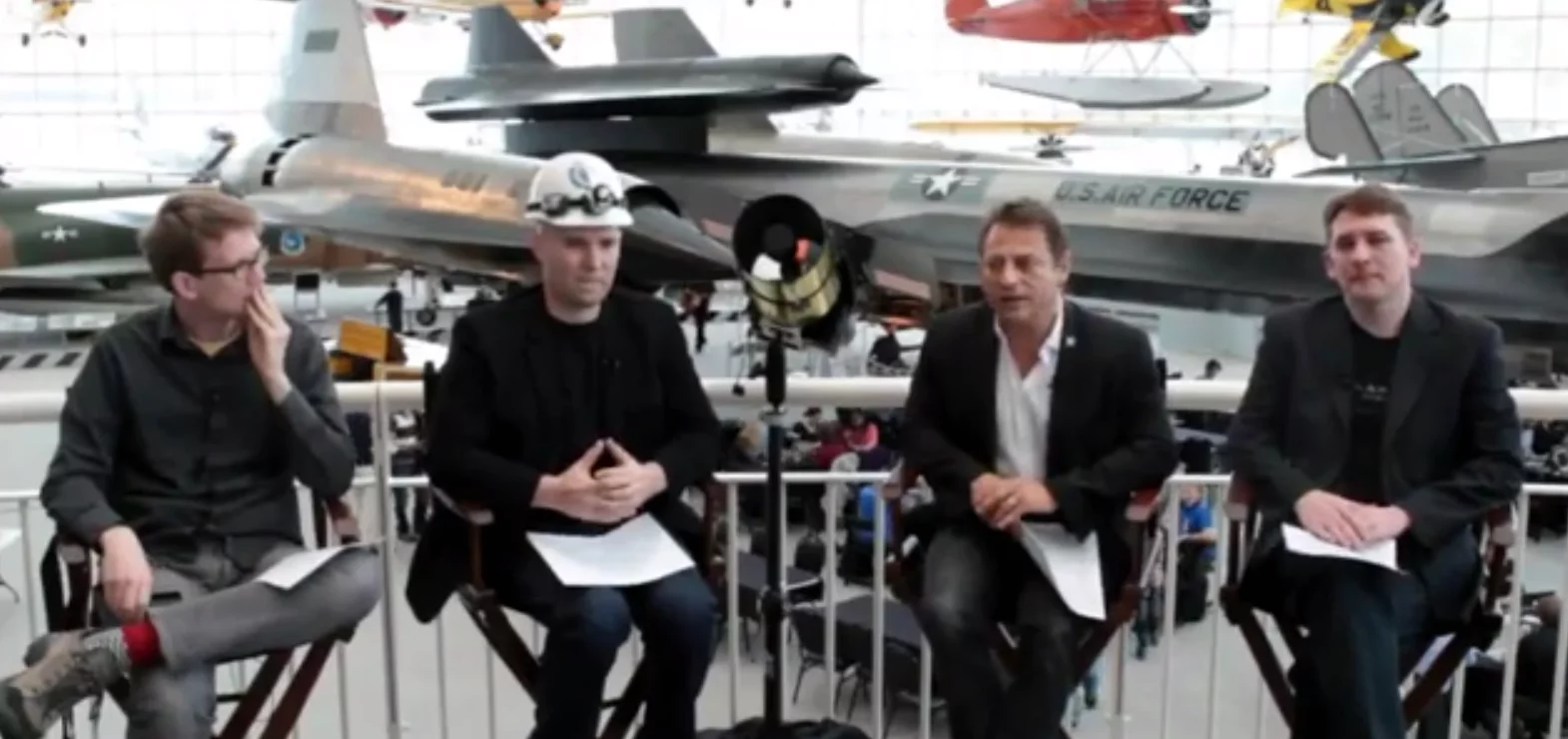 Left to right: Space advocate Hank Green, Co-Chairman of Planetary Resources Eric Anderson, Co-Chairman Peter Diamandis, and President and Chief Engineer Chris Lewicki