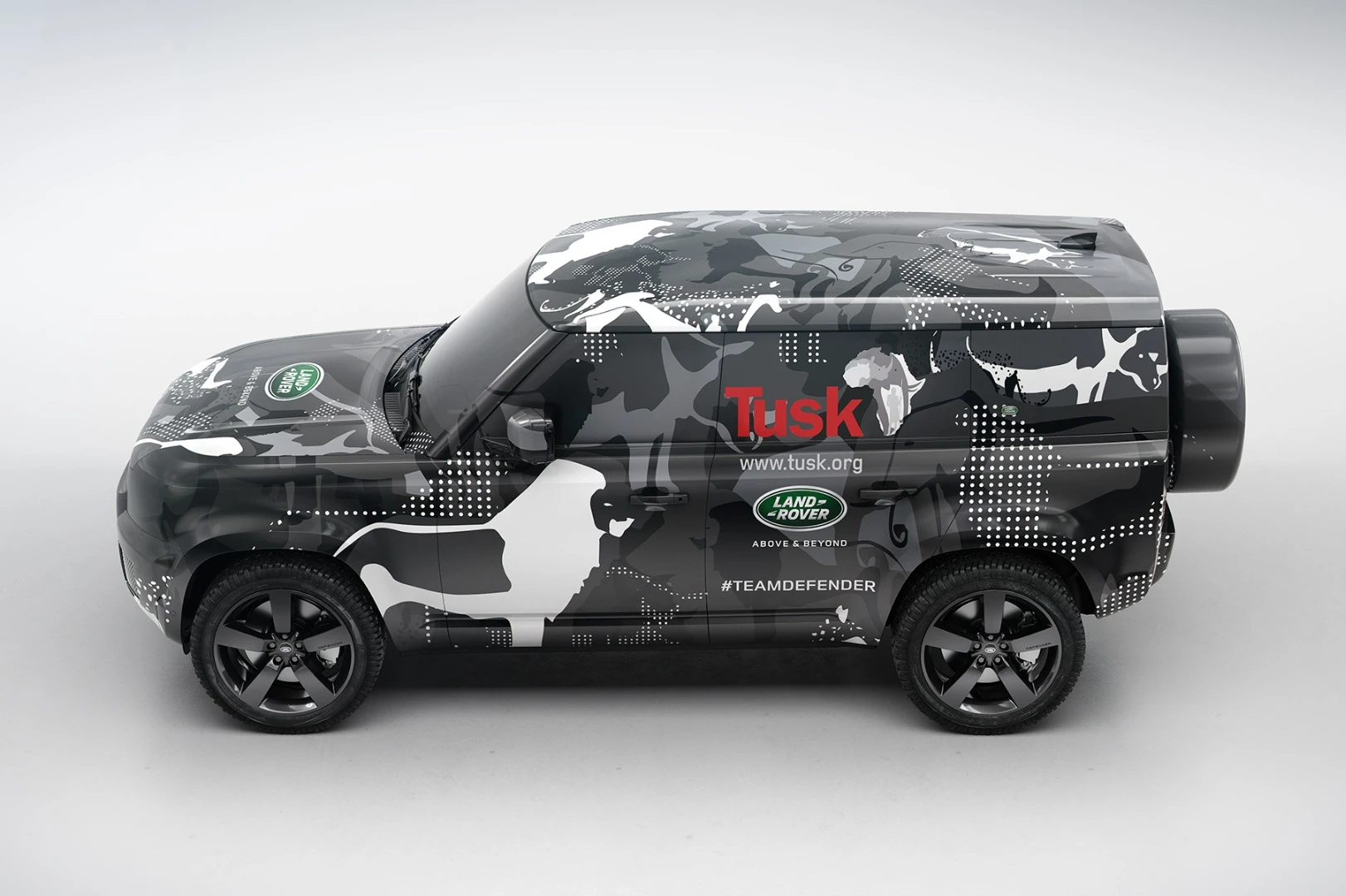 The prototype Land Rover Defender in its Tusk Trust livery
