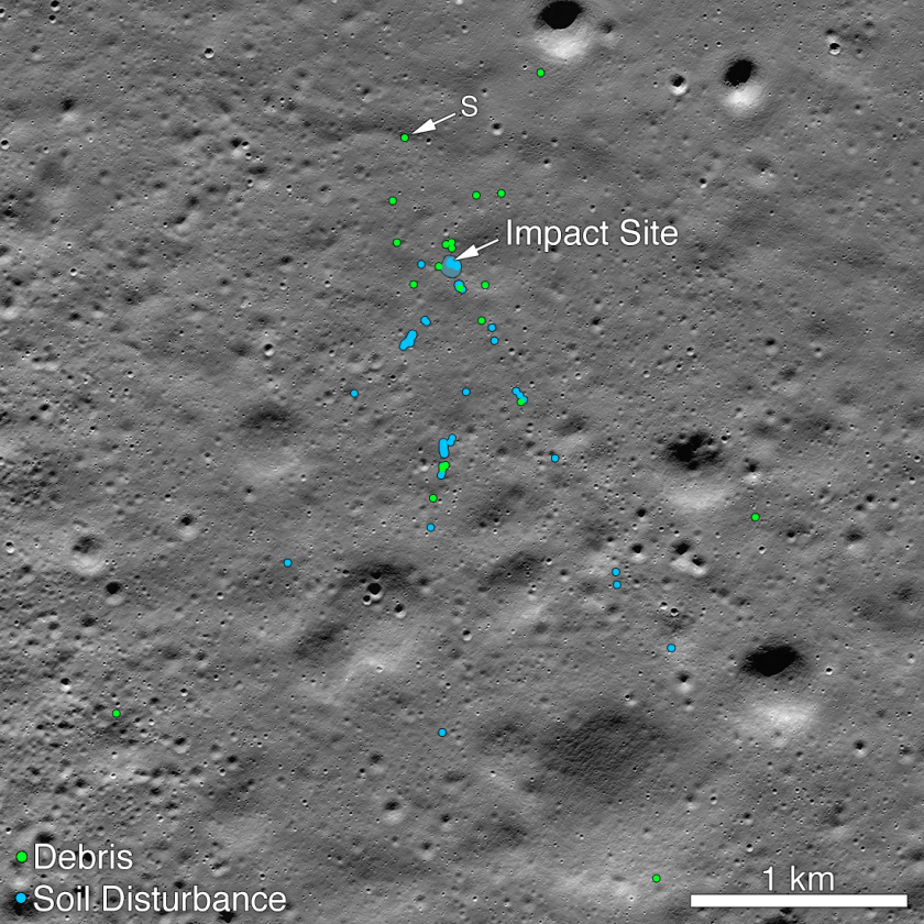 Image shows the crash site for India's Vikram lunar lander, with debris denoted in green and disturbed soil in blue