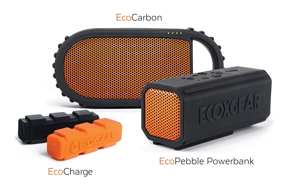 Ecoxgear's latest products include the Sol Jam (not shown), EcoCarbon, EcoPebble Powerbank, and EcoCharge external battery