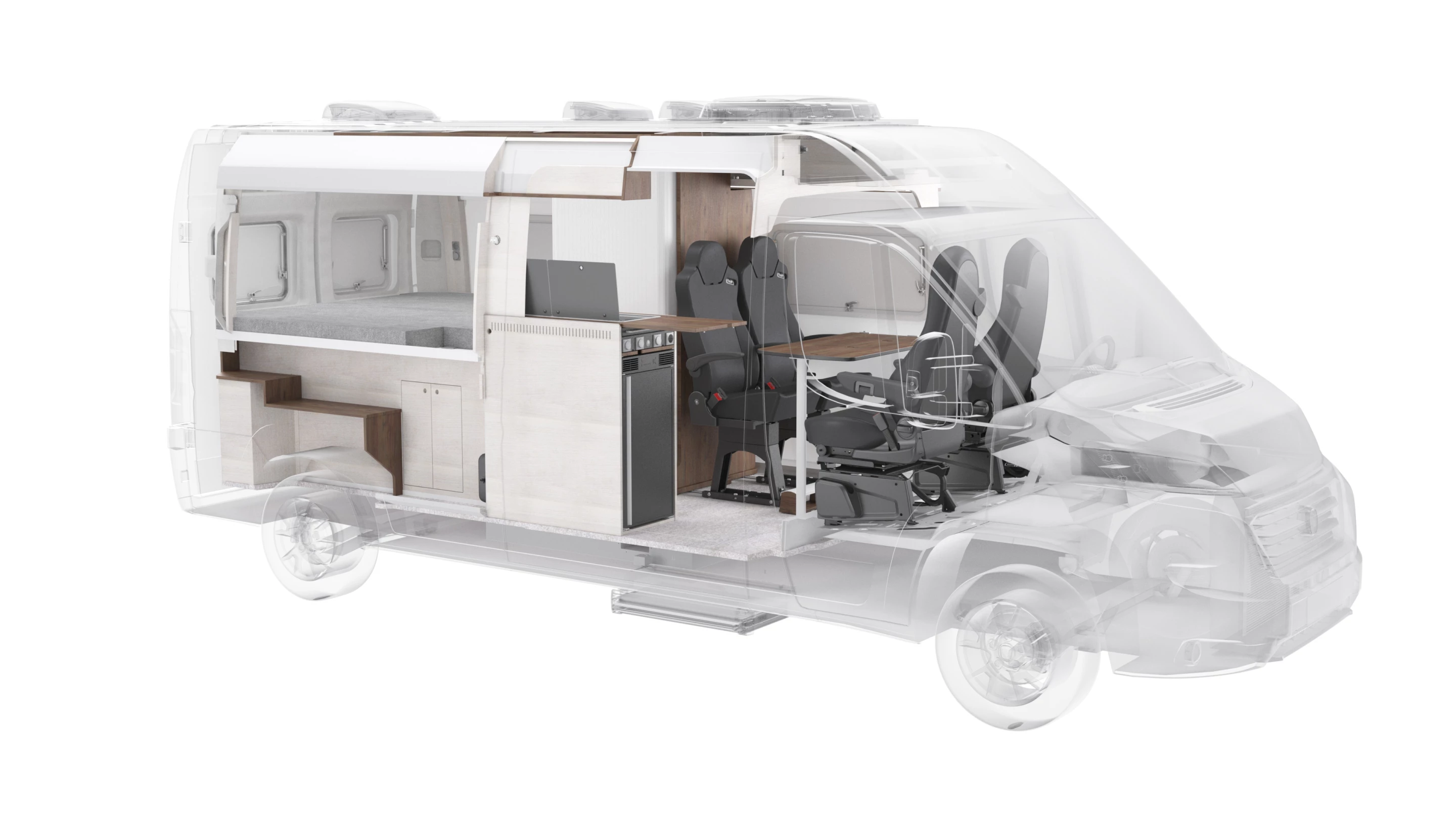 The ConceptCamper's interior layout follows the common European formula, albeit with some different functionality