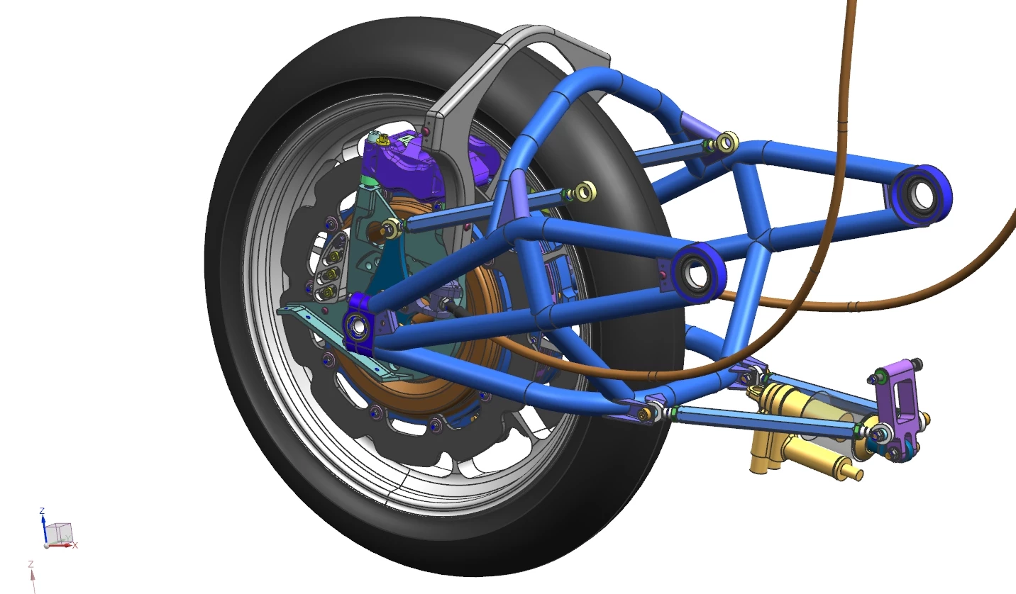 There's a lot going on with that front wheel, including two electric motors, twin disc braking, hydraulic steering and a swingarm suspension system