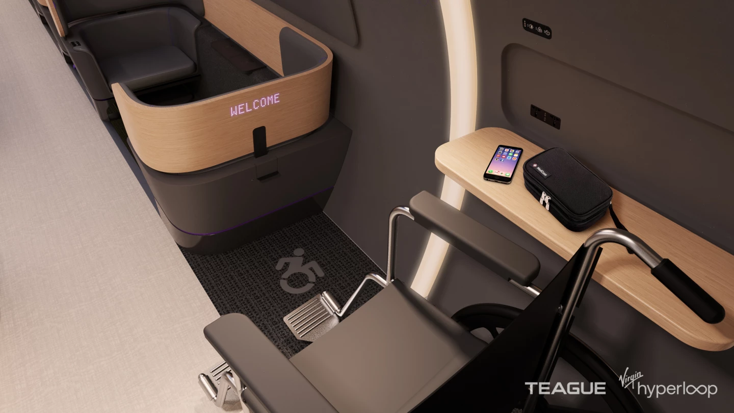 The updated Virgin Hyperloop passenger pod includes features like wireless charging, an artificial skylight with simulated natural light and LED notifications for updates on journey progress and speeds
