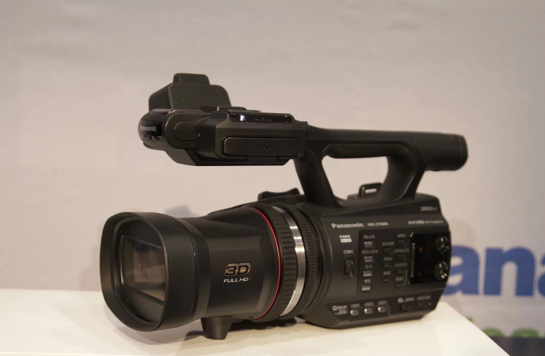 Panasonic's new HDC-Z10000 twin lens 2D/3D compact, handheld camcorder on display at CES 2012