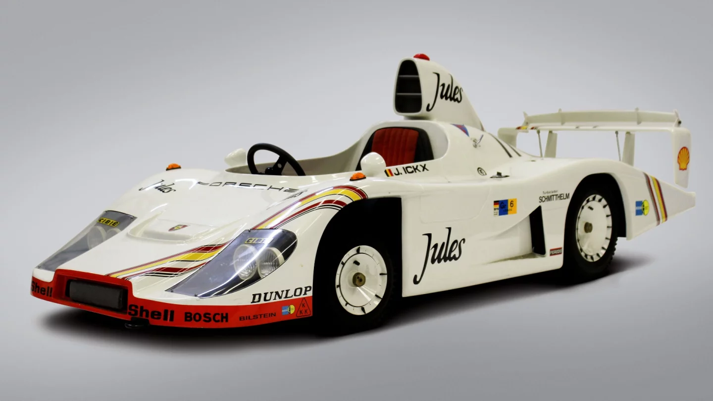 A 1:2 scale Porsche 936, this car is a genuine Porsche manufactured replica of the 1981 Le Mans-winning Porsche 936 sports-racing prototype driven by Derek Bell and Jackie Ickx. The real race car was sponsored by Christian Dior men's fragrance "Jules," and between 50 and 100 such replicas were made by Porsche using a single-cylinder 206cc Briggs & Stratton four stroke engine producing 5 horsepower and giving a top speed of 48 mph! It sold for $20,400 at RM-Sotheby's Scottsdale 2018 auction.