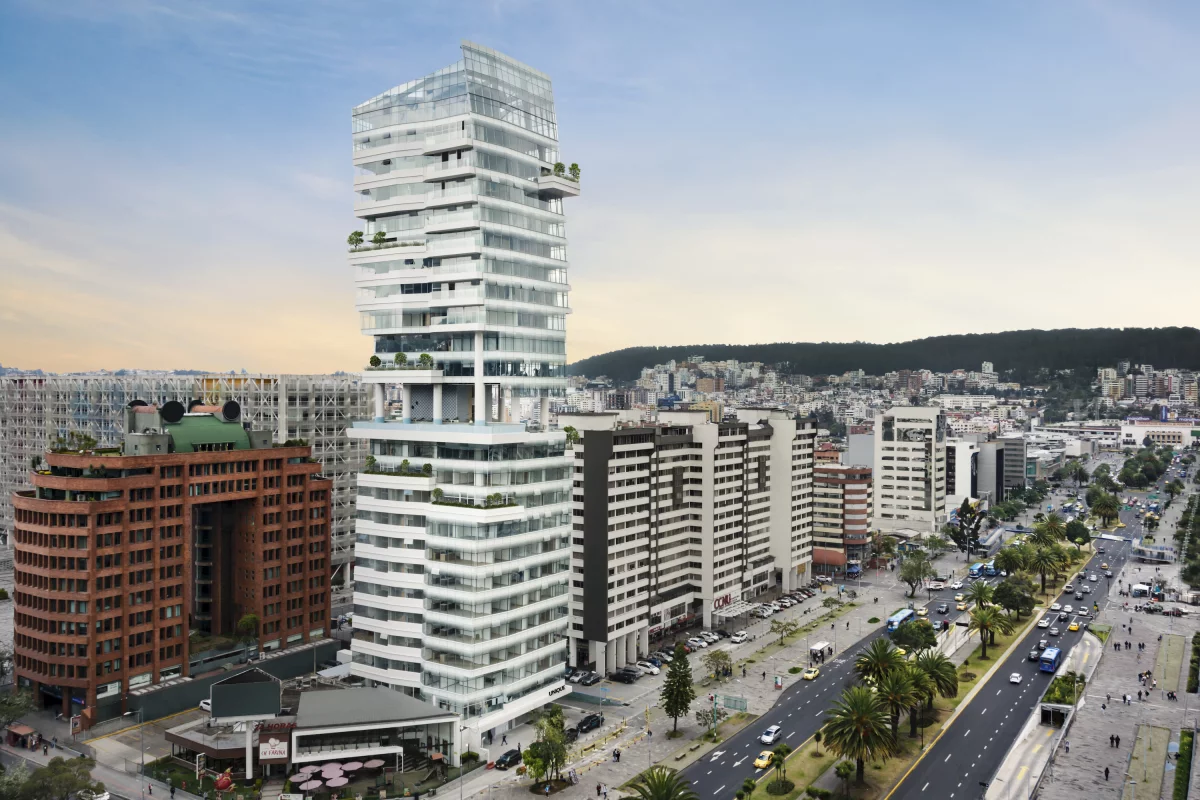 The Unique tower is defined by its three-story gap roughly at its center, which creates an open-air space for residents to relax and socialize