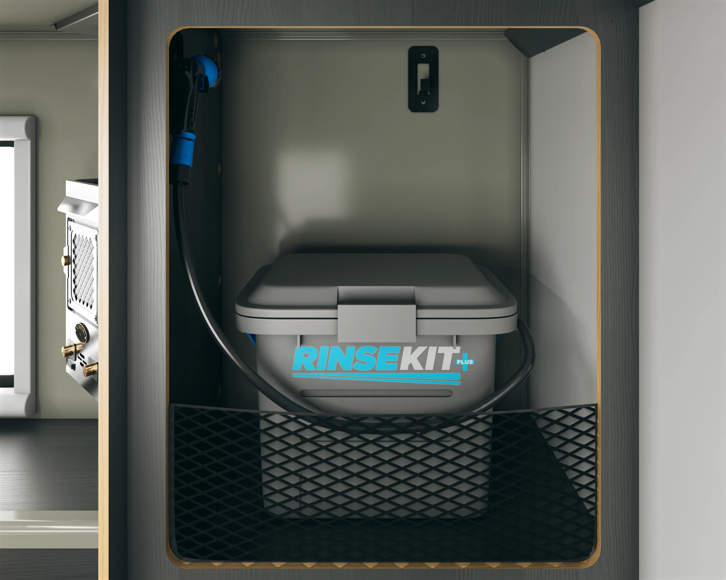 The RinseKit shower offers a simple, all-in-one indoor/outdoor showering solution ... complete with integrated heater