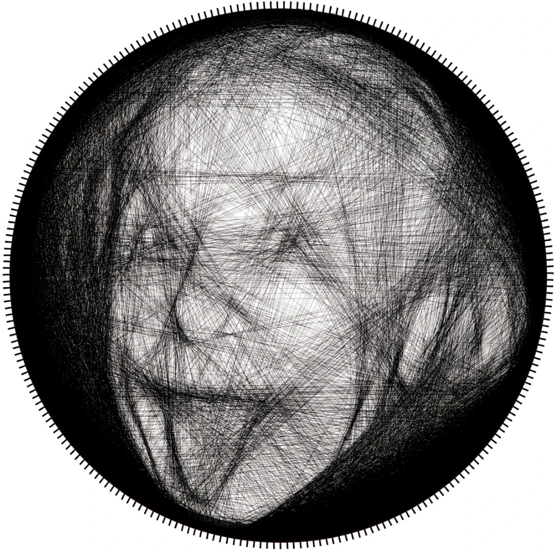A photo of Albert Einstein, recreated by the string art robot