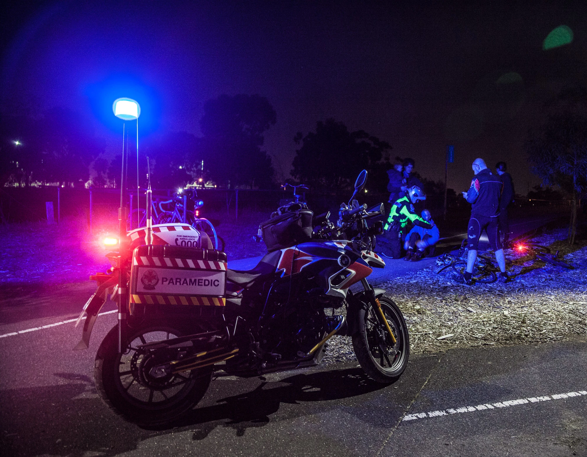 "An ambulance might drive through an area looking for people waving madly. In this case it was in the middle of bushland, about 400 metres away from any road and completely out of sight for the ambulances. There's also a lot of different bike paths around the area. So it was a perfect job for a motorcycle. I was able to travel down a number of those paths and rule them out, and then finally I came across a rider waving his arms, and was able to call the other ambulance over."