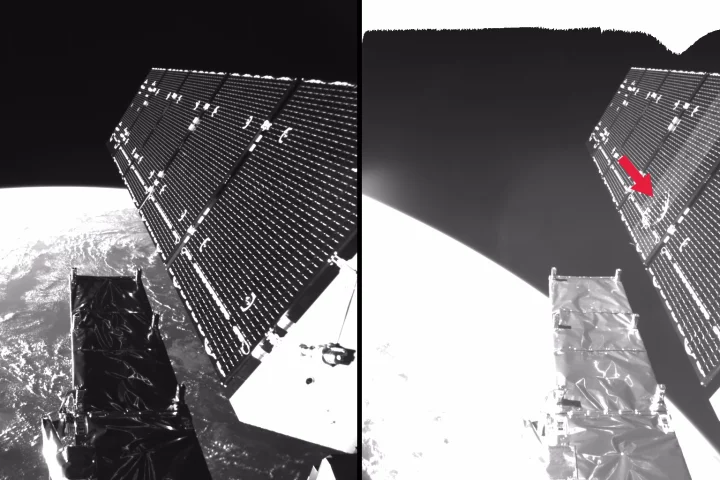 Before and after shot of Sentinel-1A's solar array, with a red arrow indicating the impact site
