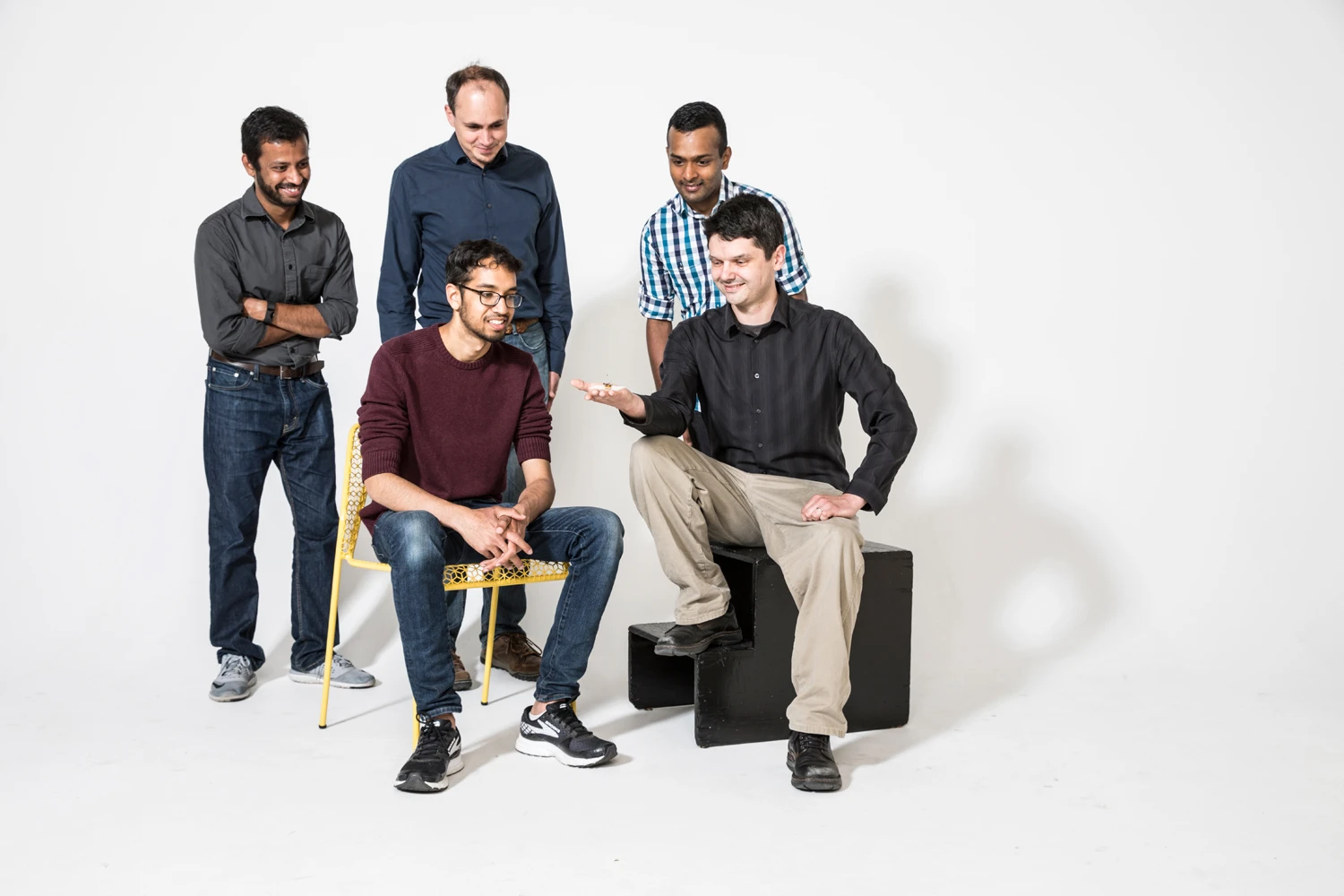 The RoboFly team – Back row (left to right): Yogesh Chukewad, Sawyer Fuller, Shyam Gollakota; Front row: Vikram Iyer, Johannes James