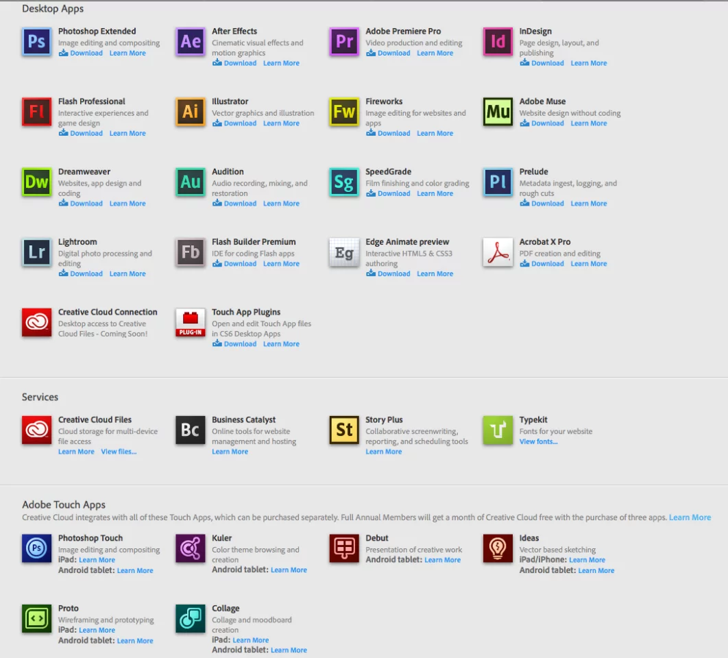 The range of applications and services currently provided with Adobe's Creative Cloud