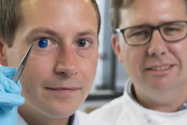 Co-author Dr. Steve Swioklo (left) and Prof. Che Connon, with a 3D-printed cornea