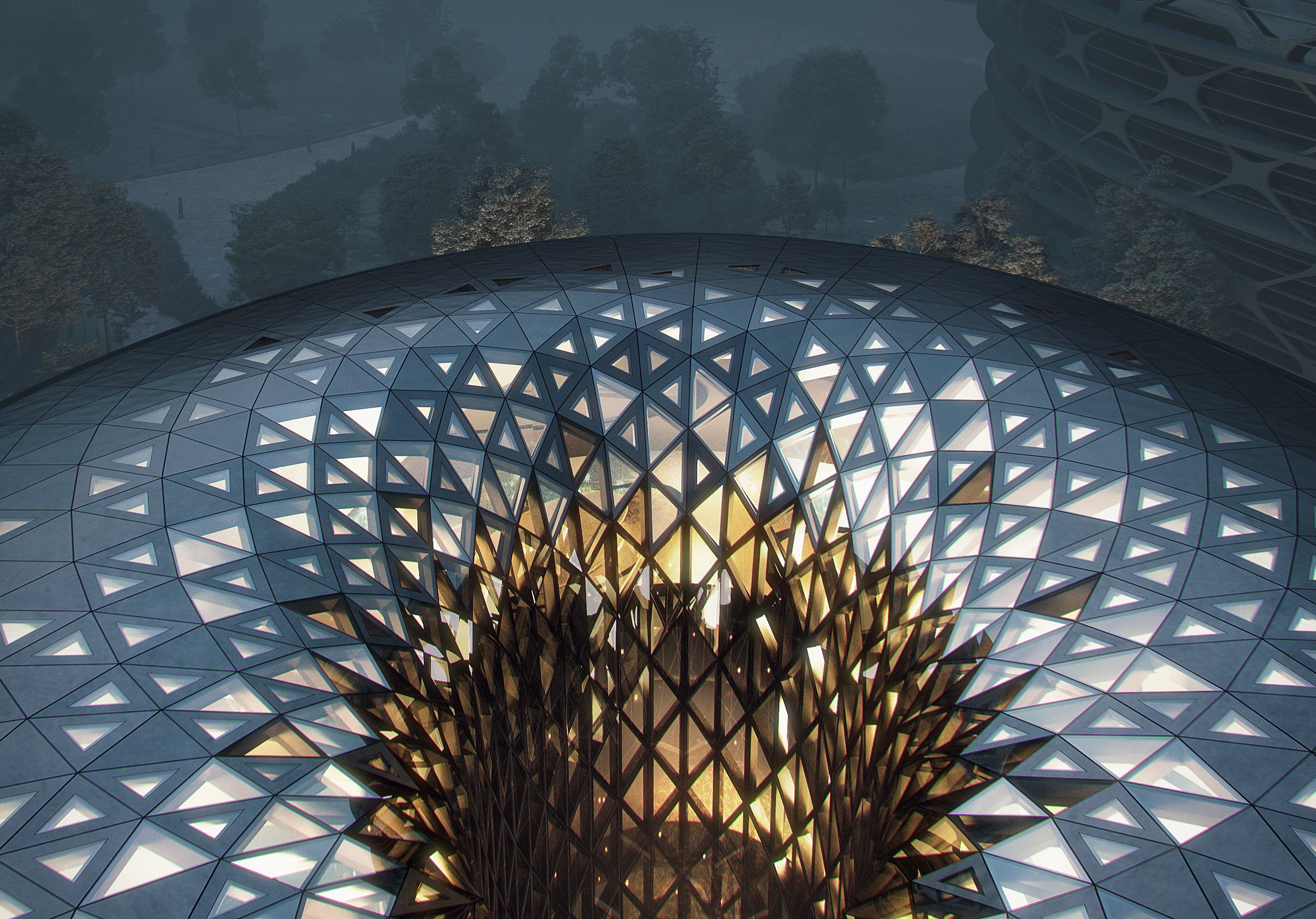 The Unicorn Island masterplan's exhibition and conference center is topped by an impressive glass roof