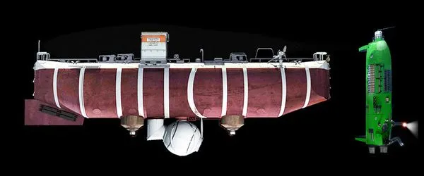The U.S. Navy's much larger bathyscaphe Trieste (left) compared to DEEPSEA CHALLENGER(Photo: Acheron Project Pty. Ltd./National Geographic)