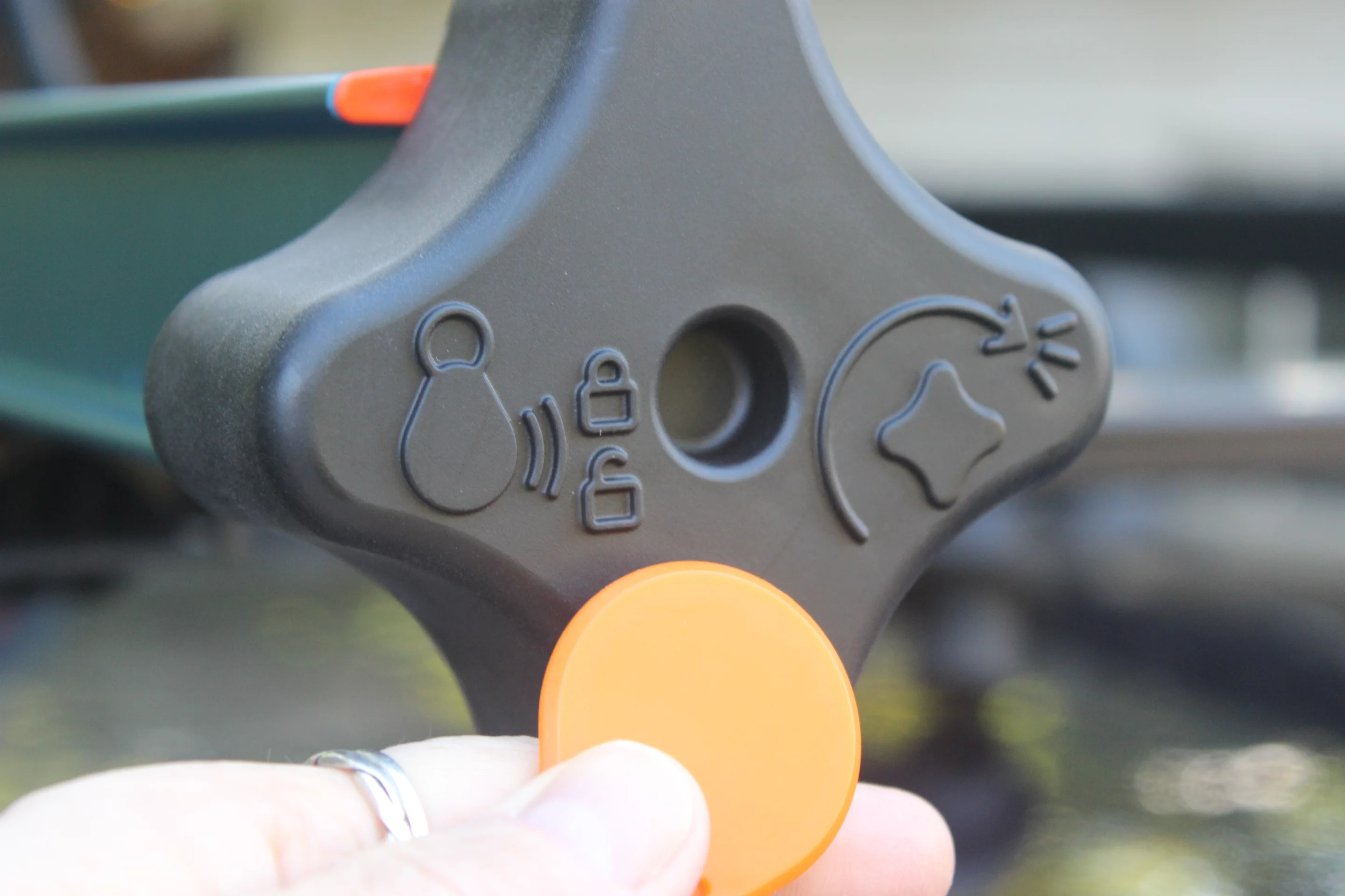 The Upside Rack's electronic locking mechanism, with RFID fob