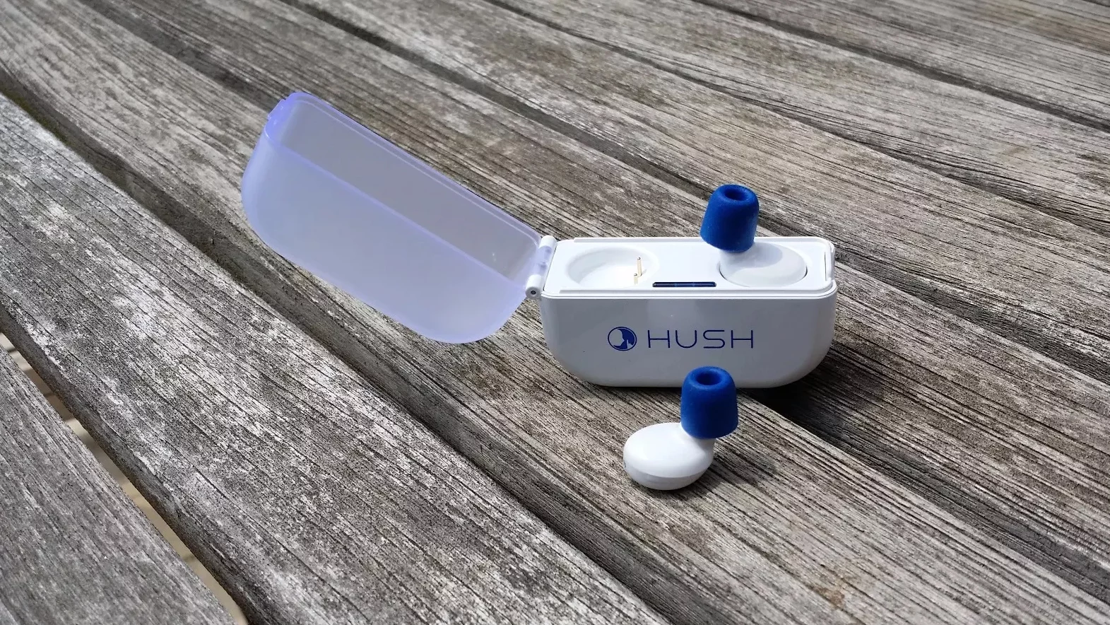 Hush earplugs come with a case that can recharge them three times