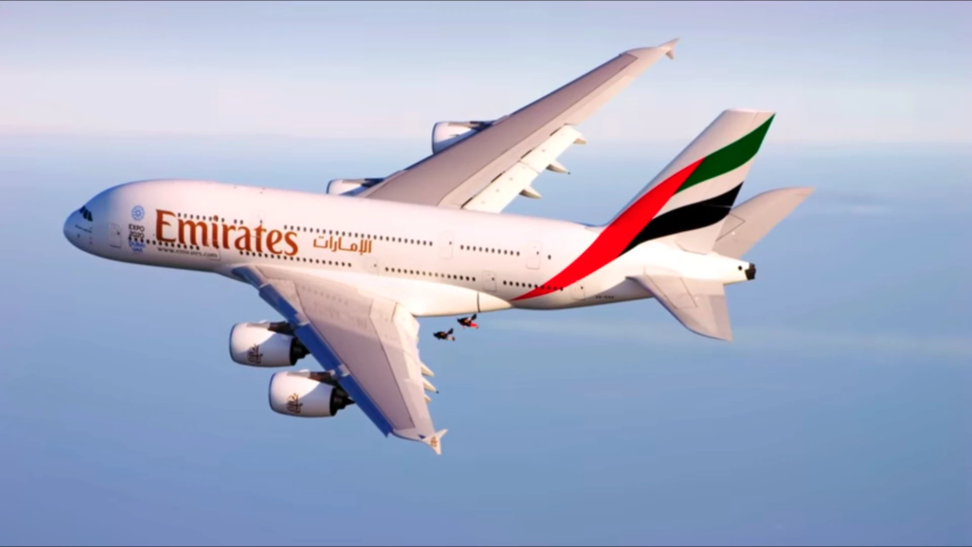 "Jetman" has strapped in his set of kevlar wings over the skies of Dubai to fly alongside the largest commercial aircraft there is, an Airbus A380 passenger jet