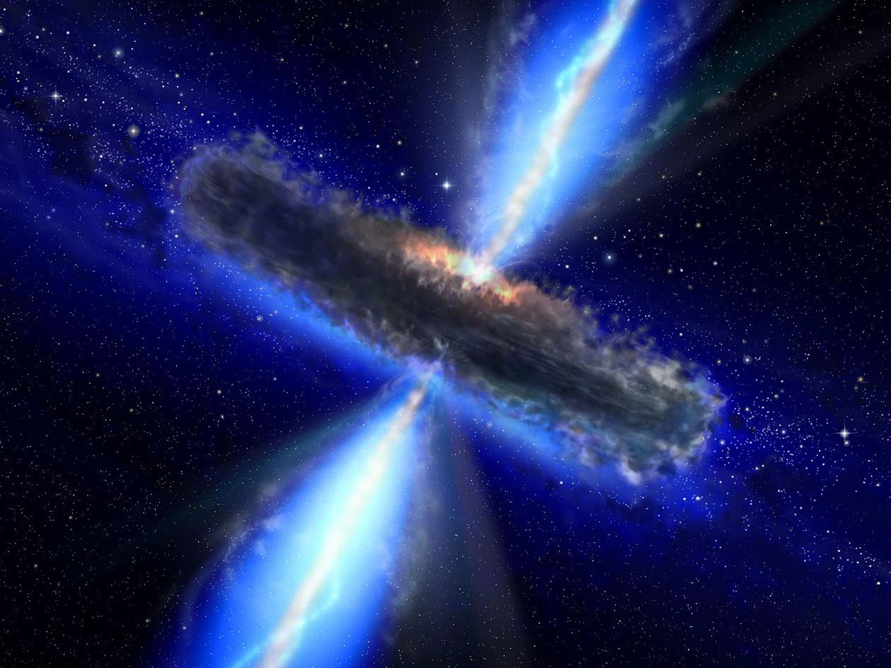 Artist's concept illustrating a quasar, or feeding black hole, similar to APM 08279 5255, where astronomers discovered huge amounts of water vapor (Image: NASA/ESA)