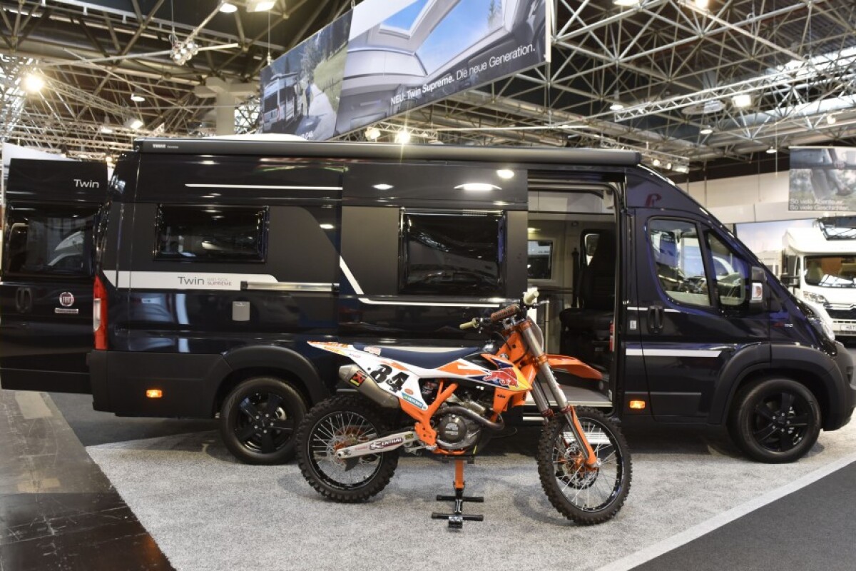 Adria used a KTM MX motorcycle to help amp up the feeling of adventure at the 640 SGX premiere