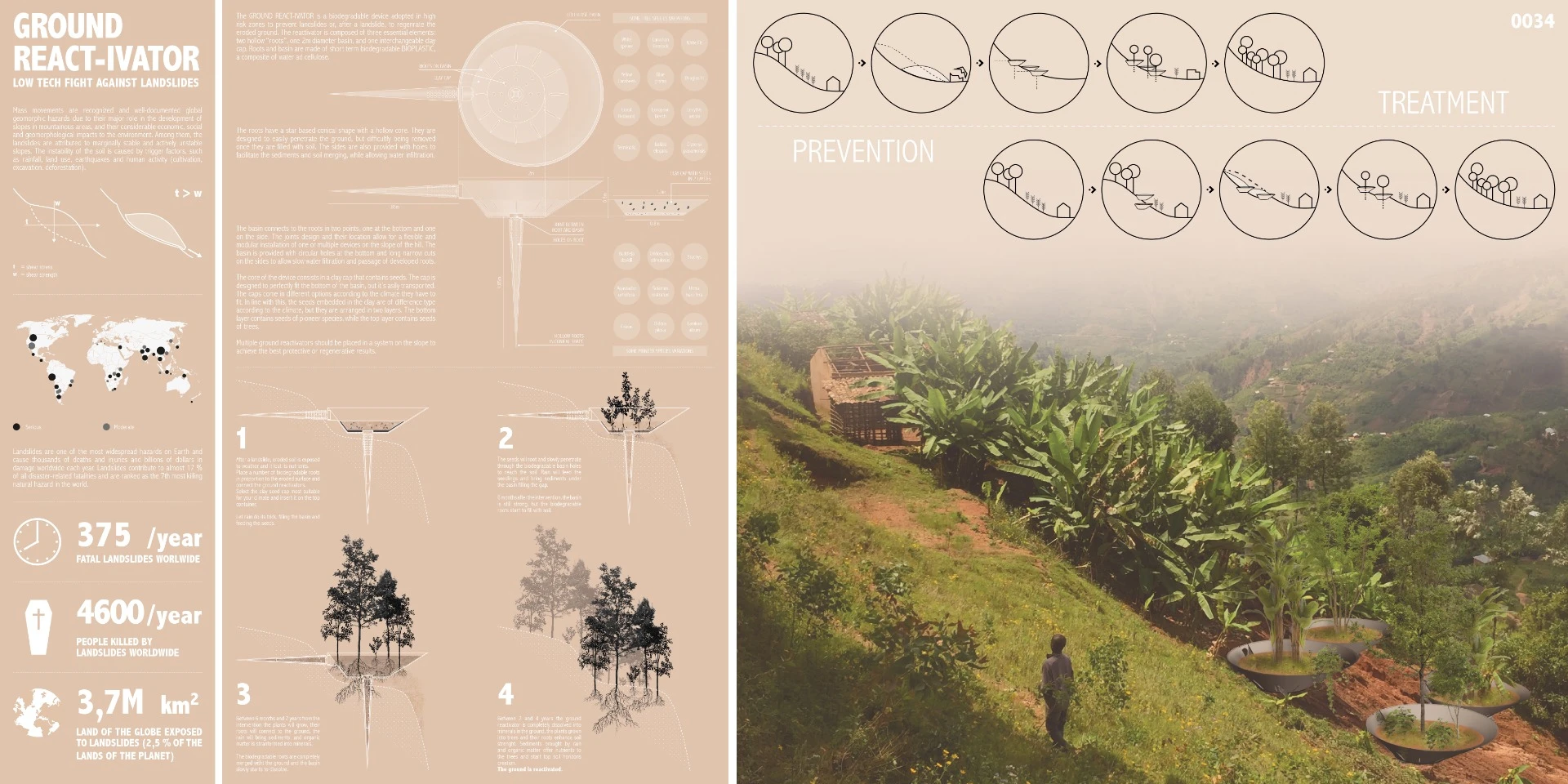 Honorable Mention - Ground Re-Activator. Designer notes: "The reactivator placed in a high-risk zone helps to prevent landslides and protects crops and infrastructure at the bottom of the hill. It slowly filtrates nutrients in the ground and captures soil that may slide from the top. At the same time, it provides to farmers and local communities basins where specific useful plants grow naturally."