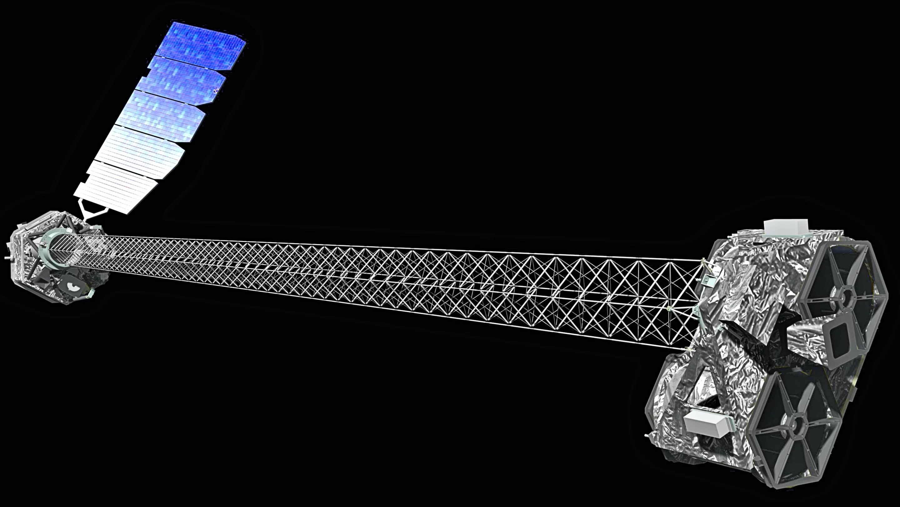 Artist's concept of NuSTAR on orbit. NuSTAR has a 10 m (30 ft) mast that deploys after launch to separate the optics modules (right) from the detectors in the focal plane (left). NuSTAR has two identical optics modules in order to increase sensitivity (Photo: NASA/JPL-Caltech)