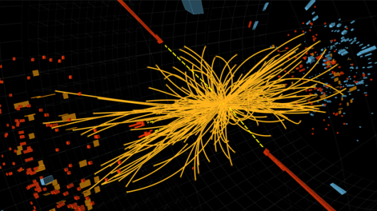 A proton-proton collision observed by CMS produces two high-energy photons - behavior consistent with the decay of a Higgs boson (Image: CERN)