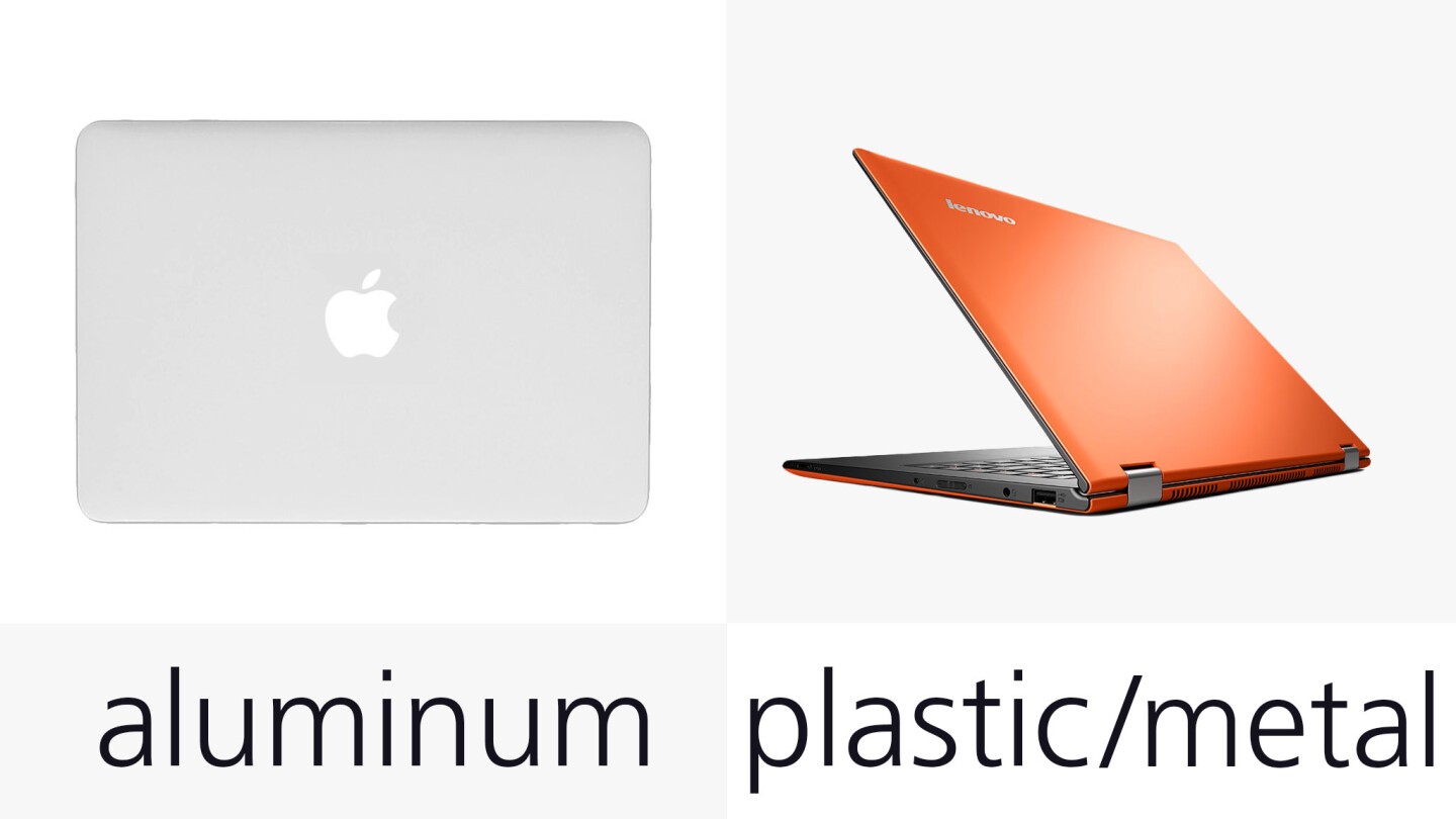 The MacBook has an aluminum unibody build, while the Yoga features a plastic/metal hybrid