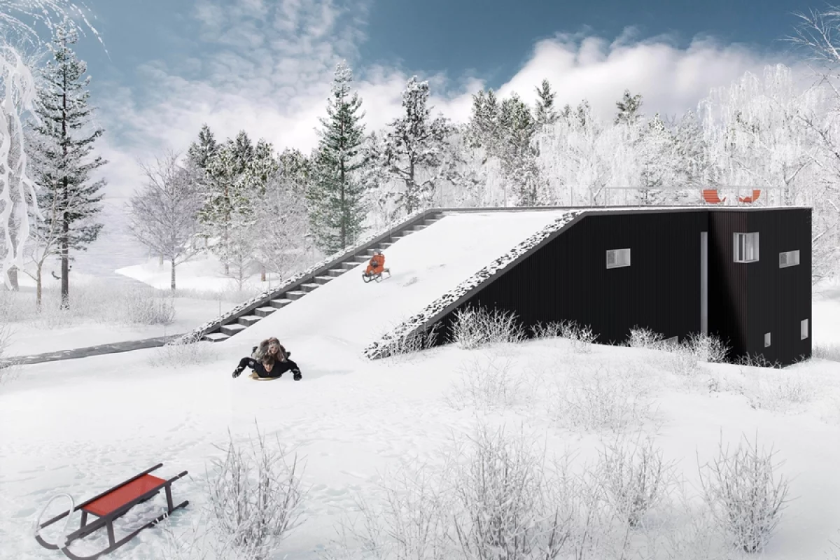 As well as acting as a sledding hill when it snows, the Pulkabacken House ramp leads up to a party deck