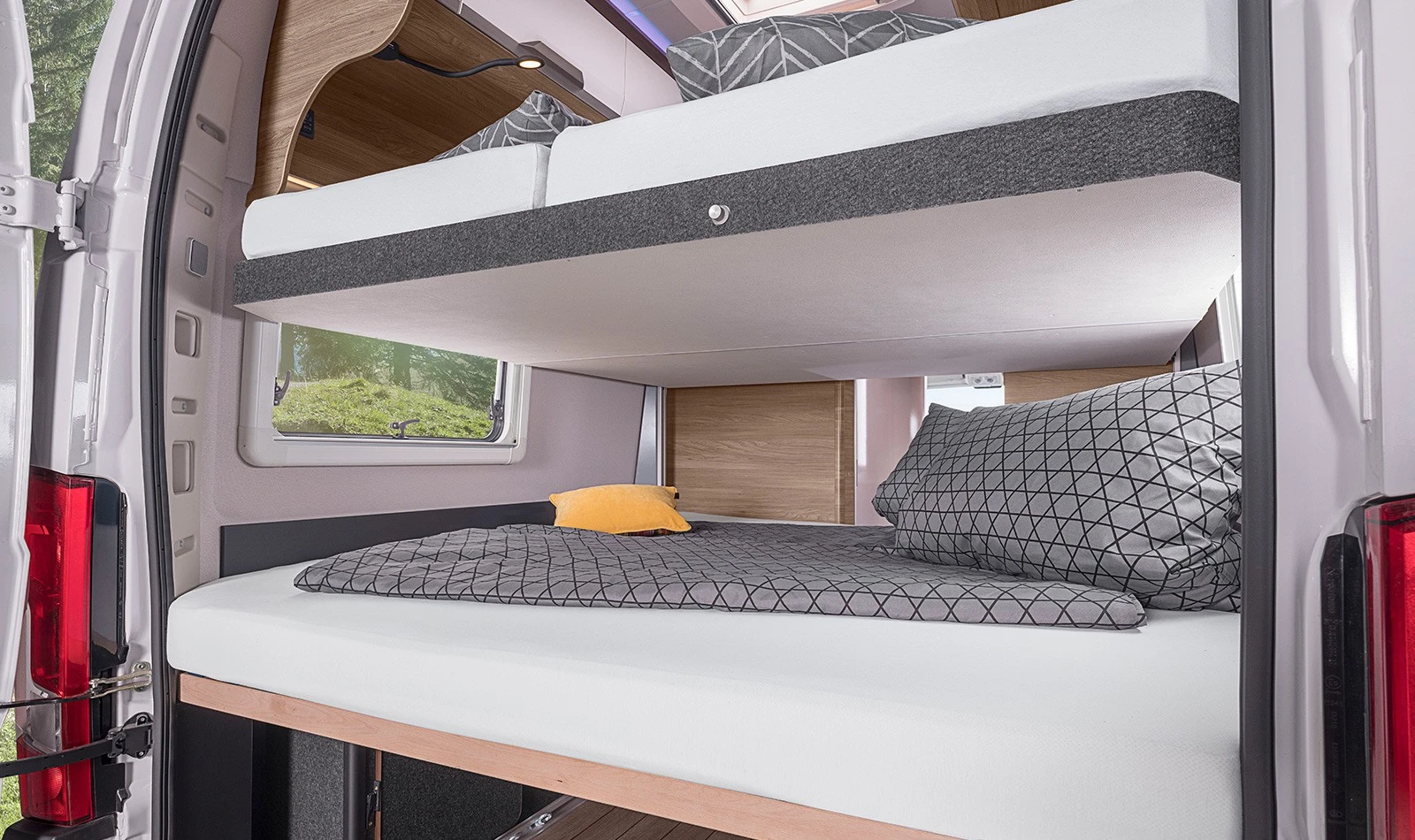The available lower rear bed offers a roomy sleep for two more people; add the available front beds and the 630 ME sleeps seven in all