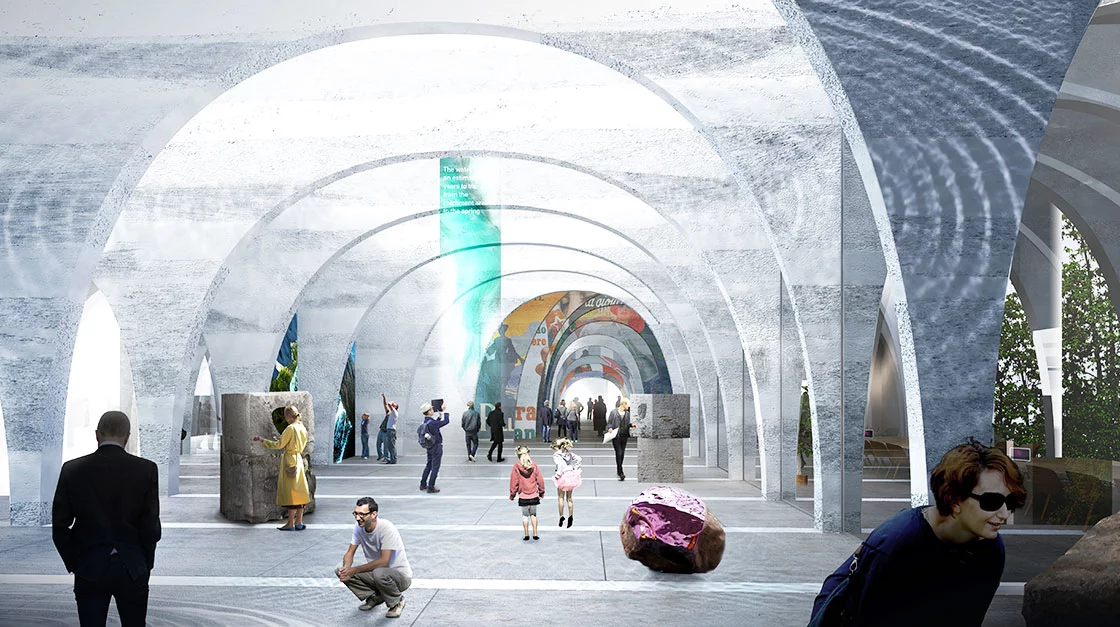 Visitors and staff will walk a route through large vaults and covered tunnels in the S.Pellegrino Flagship Factory