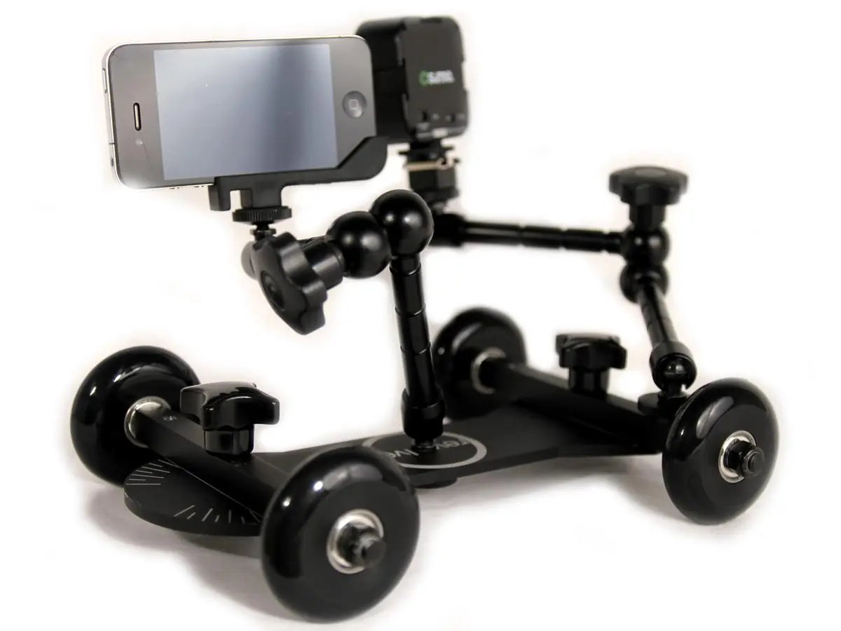 Friction arms can hold lights, monitors, a Glif iPhone mount, or other accessories
