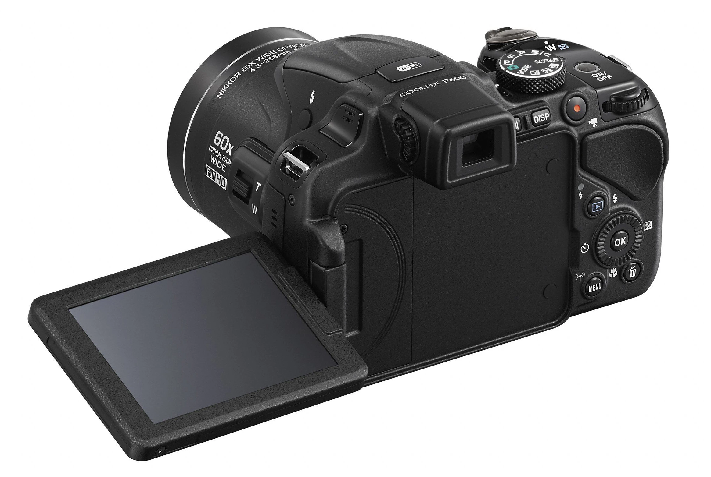 There's an EVF and a 3-inch, 921k dot, vari-angle LCD on the rear of the Nikon Coolpix P600