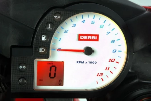 The tachometer of the original Derbi petrol-engined bike is replaced - there's no need for it any more.